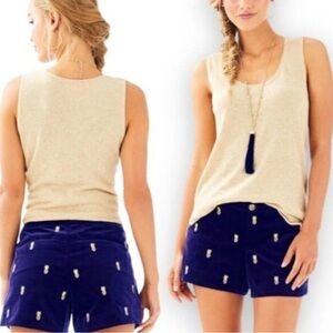 Lilly Pulitzer RARE NWT Velvet Navy Shorts with Gold Pineapple Embroidery